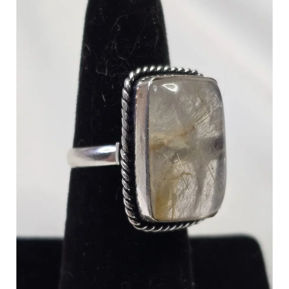925 Sterling Silver Plt Rutilated Quartz Ring Size 6 Bezel Setting Jewelry - Picture 2 of 5